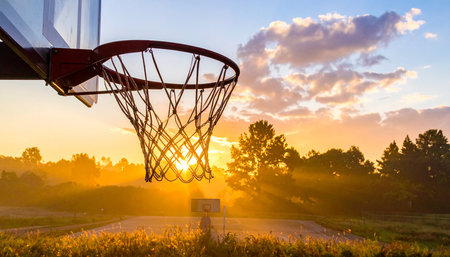 Basketball hoop and net at sunset or sunrise. Sport background.の素材