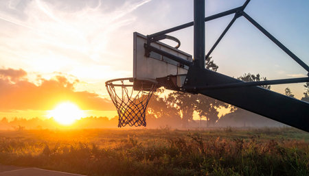 Basketball hoop and net in the field at sunset. Sport backgroundの素材