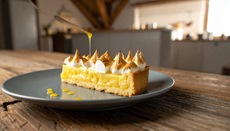 Lemon tart with whipped cream on a wooden table in a cafeの素材