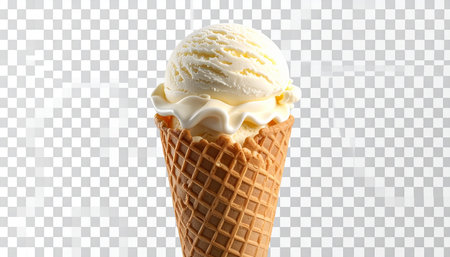 Vanilla ice cream in waffle cone isolated on transparent background.の素材