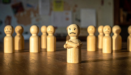 Wooden figure of a businessman standing in front of a group of peopleの素材