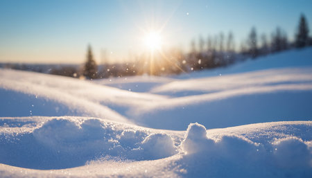 Beautiful winter landscape with snowdrifts and sun in the backgroundの素材