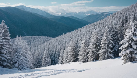 Beautiful winter landscape with snow covered fir trees on slope (Carpathian Mountains, Ukraine).の素材