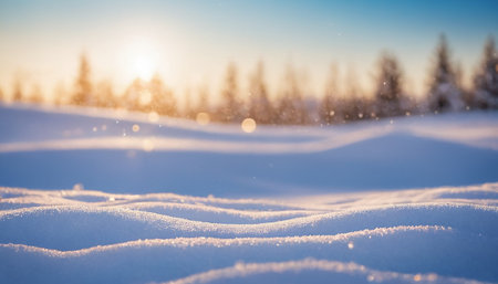 Winter landscape with snowdrifts and pine trees in the background.の素材