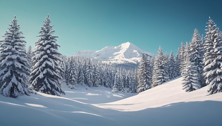 Snow covered fir trees in the mountains. Winter landscape. Panorama.の素材