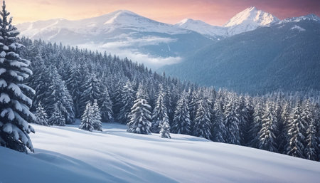 Beautiful winter landscape with snowy fir trees. Carpathian, Ukraine, Europe.の素材