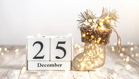 Wooden calendar for December 25 on white wooden background with bokeh lightsの素材