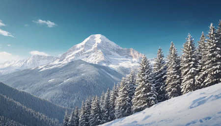 Winter mountain landscape with snow covered fir trees. Ski resort in the Alps.の素材