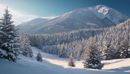 Winter landscape with snowy fir trees in the mountains. Panorama.の素材