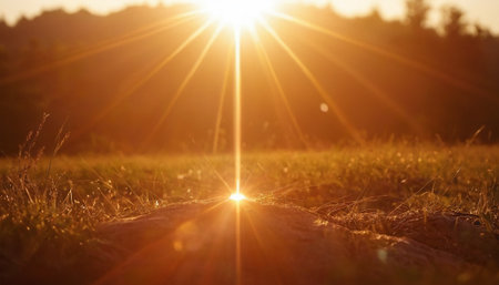 Sunset in the field. Sun rays shining through the grass.の素材