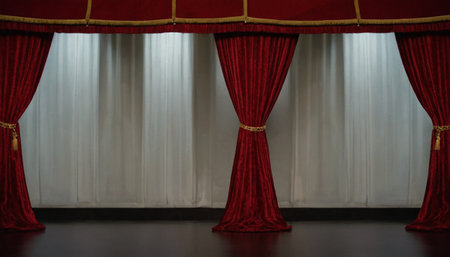 Theater stage with red curtains and a white curtain in the backgroundの素材