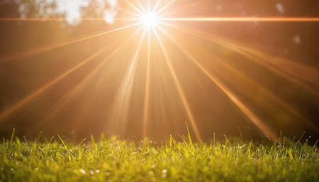 Sunset in the park with grass and sunbeams on the backgroundの素材