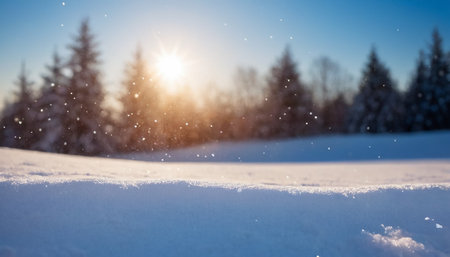 Winter landscape with snow covered trees and rays of sun. Christmas backgroundの素材