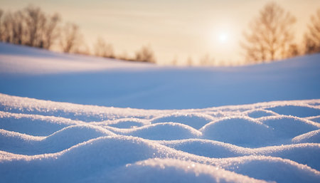 Winter landscape with snowdrifts and trees in the background. Sunsetの素材