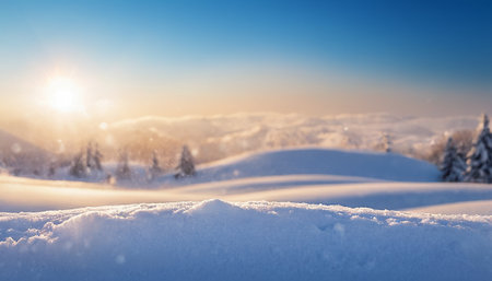 Beautiful winter landscape with snowdrifts and sunbeams.の素材