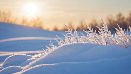 Winter landscape. Frosty grass in the snow at sunset. Beautiful winter background.の素材