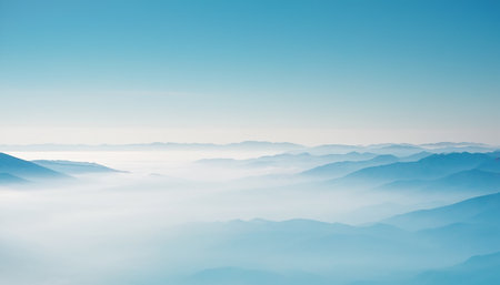 Foggy mountains and blue sky. Landscape of foggy mountains and blue sky.の素材