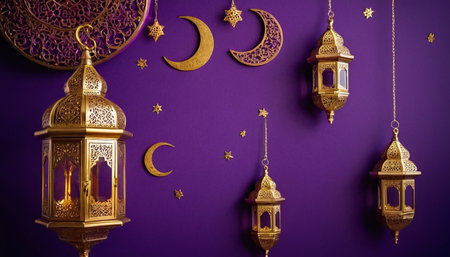 Ramadan Kareem greeting card. Arabic lanterns and crescent moon on purple backgroundの素材