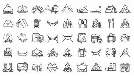 Camping line icon set. Vector illustration for web and mobile.の素材