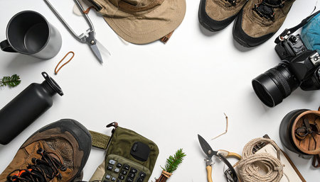 Flat lay composition with hiking equipment on white background. Space for textの素材