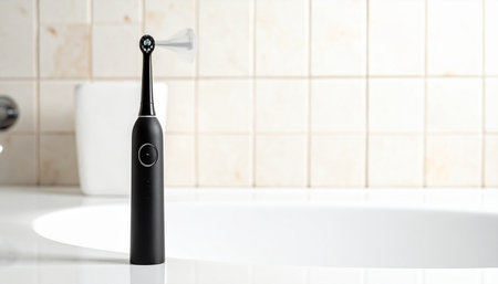Electric toothbrush on white table in bathroom with copy space, closeupの素材