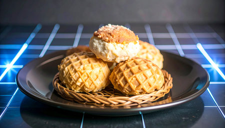 waffle and ice cream in black plate on table, stock photoの素材