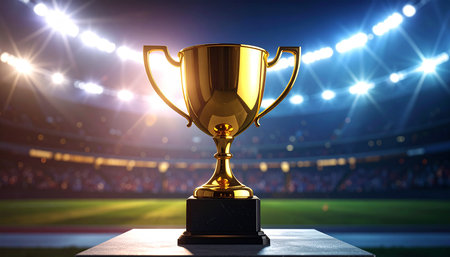 Golden trophy cup on football stadium background. 3d render illustration.の素材