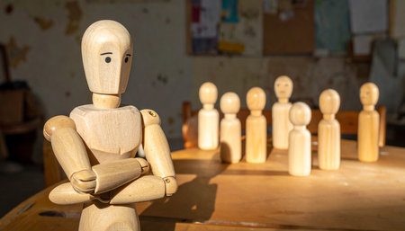 Wooden mannequin in front of a group of wooden peopleの素材