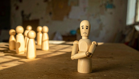 Wooden mannequin with sad face standing in front of group of peopleの素材