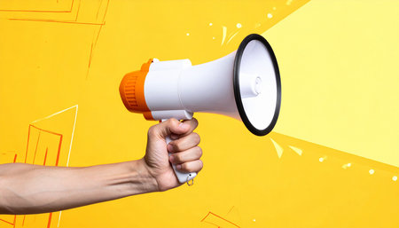 Hand holding megaphone on colorful wall background. Business concept.の素材