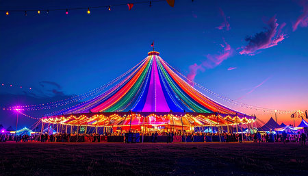 Circus tent at night with colorful light and people on the backgroundの素材