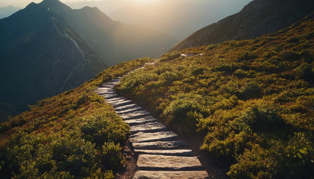 Hiking trail in the mountains at sunset. Tatra Mountains, Polandの素材