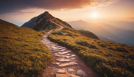 Hiking trail in the Carpathian mountains at sunset, Ukraineの素材