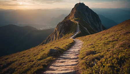 Staircase leading to the top of a mountain at sunset.の素材