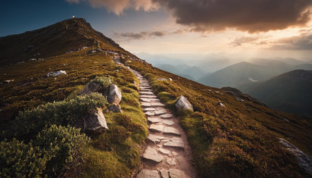 Mountain hiking trail in the Carpathian mountains at sunset.の素材