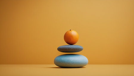 orange on zen stones on yellow background, concept of balance and harmonyの素材
