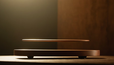 Close up of a wooden product display stand with copy space on dark background.の素材