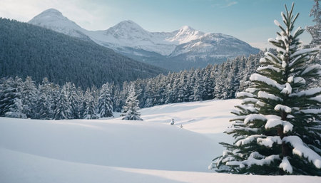 Beautiful winter landscape with snow covered fir trees and mountains in the backgroundの素材