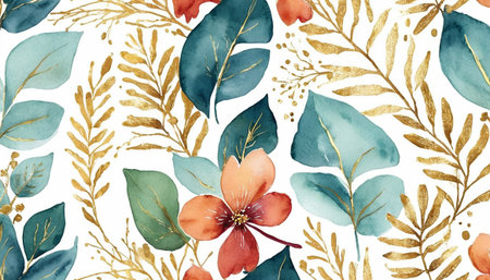 Seamless pattern with watercolor flowers and leaves. Hand-drawn illustration.の素材