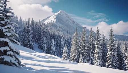 Beautiful winter landscape with snow covered fir trees in the mountains.の素材