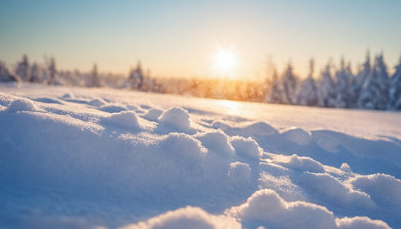 Winter landscape with snowdrifts and sun in the blue sky.の素材