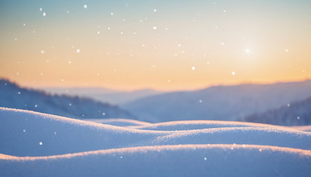 Winter landscape with snowdrift in the mountains at sunset. Christmas background.の素材