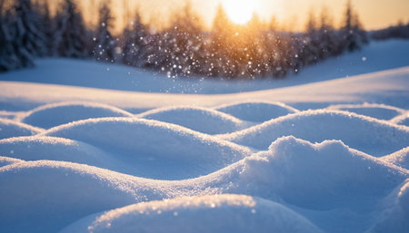 Winter landscape with snowdrifts in the forest at sunset. Shallow depth of field.の素材
