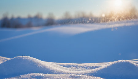 Winter landscape with snowdrifts and sunbeams in the backgroundの素材