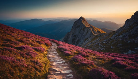 Sunset in the Carpathian mountains with pink heather flowersの素材