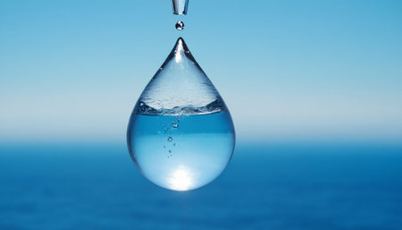 Water drop with blue sky and ocean in the background. Conceptual image.の素材