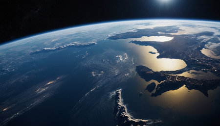 View of the planet Earth from space during a sunrise 3D renderingの素材