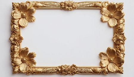 Gold picture frame on white background with copy space for your text.の素材