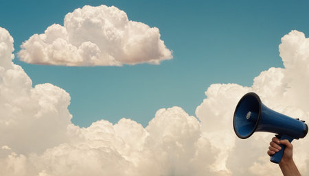 Human hand holding megaphone against blue sky background with white cloudsの素材