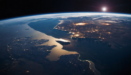 Satellite view of South Korea during sunrise with visible city lights.の素材